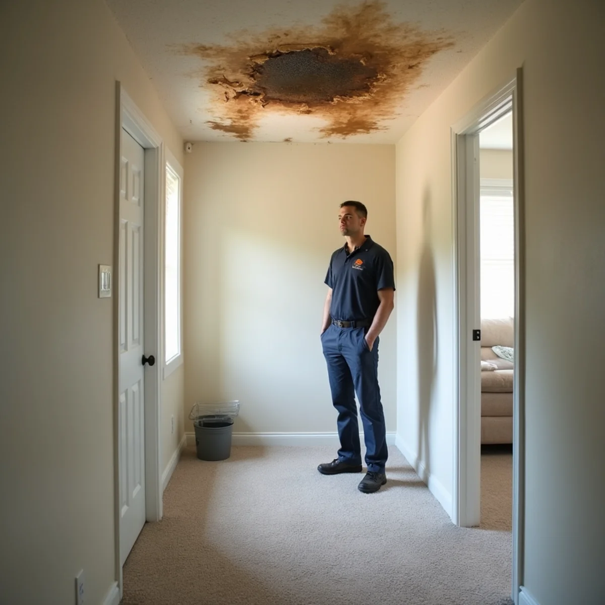 Technician assessing a water-damaged hallway ceiling below an attic water heater in a two-story Katy, TX home