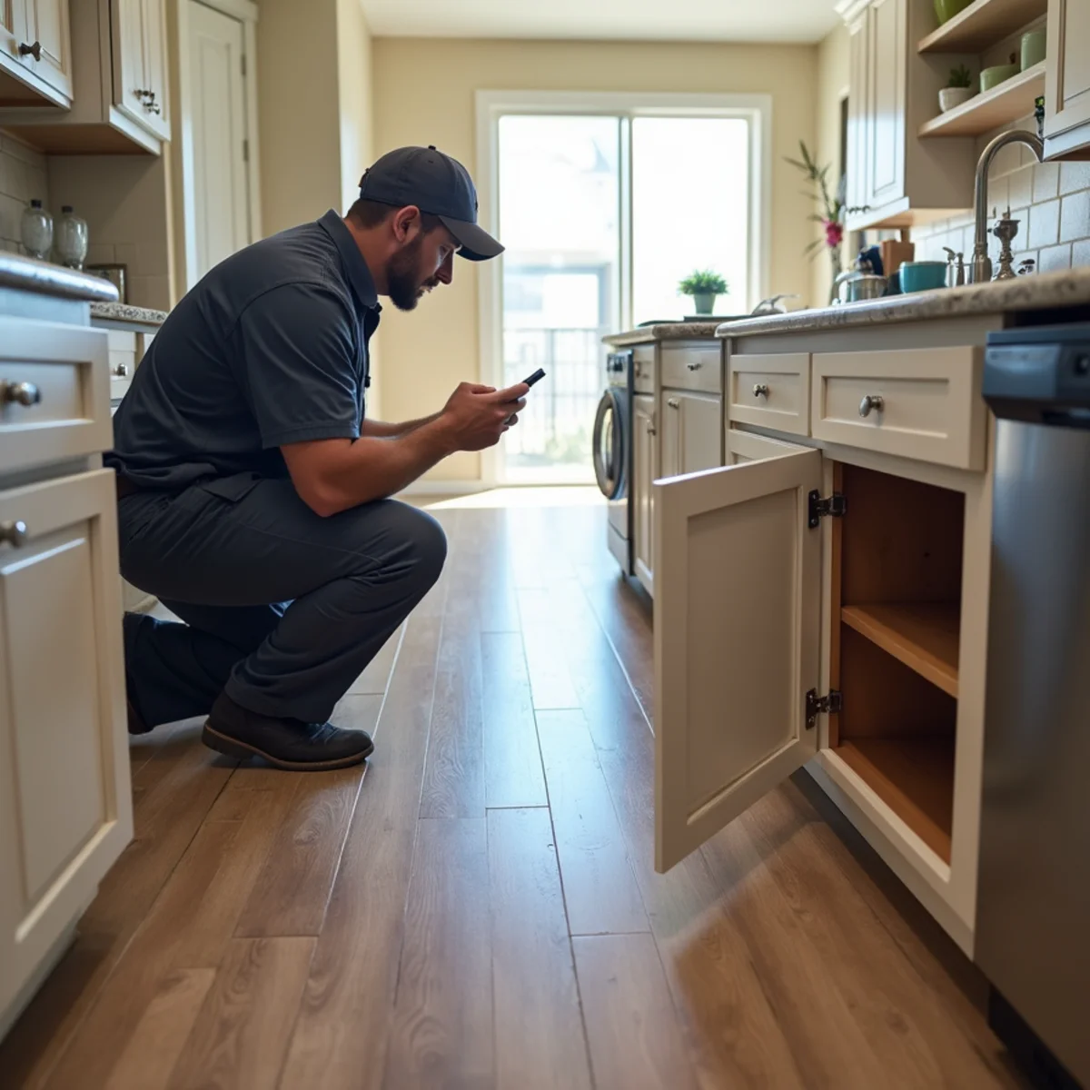 Restoration technician photographing water damage at a kitchen cabinet for an insurance claim in a Texas home