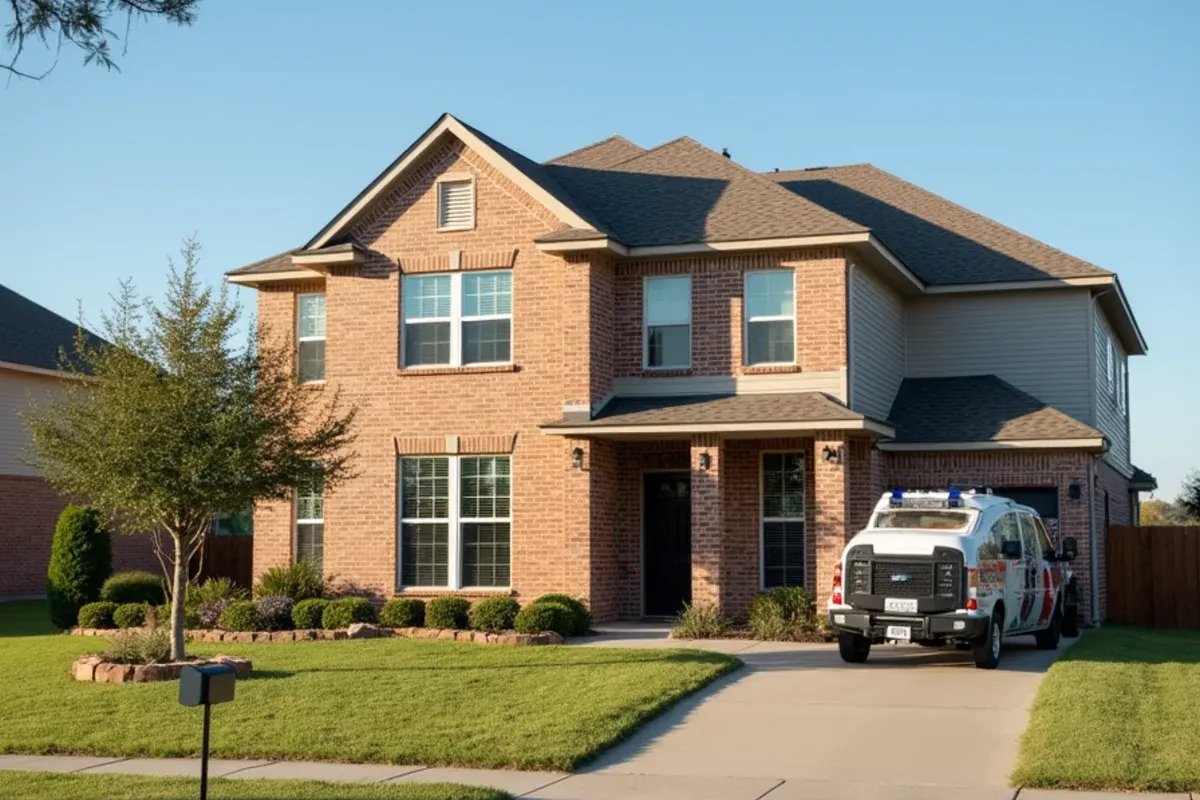 Two-story brick home on a slab foundation in a Katy, TX subdivision with a restoration van in the driveway